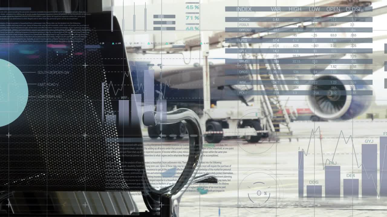 Businessman gripping suitcase handle by glass window and activating overlays for boarding flight