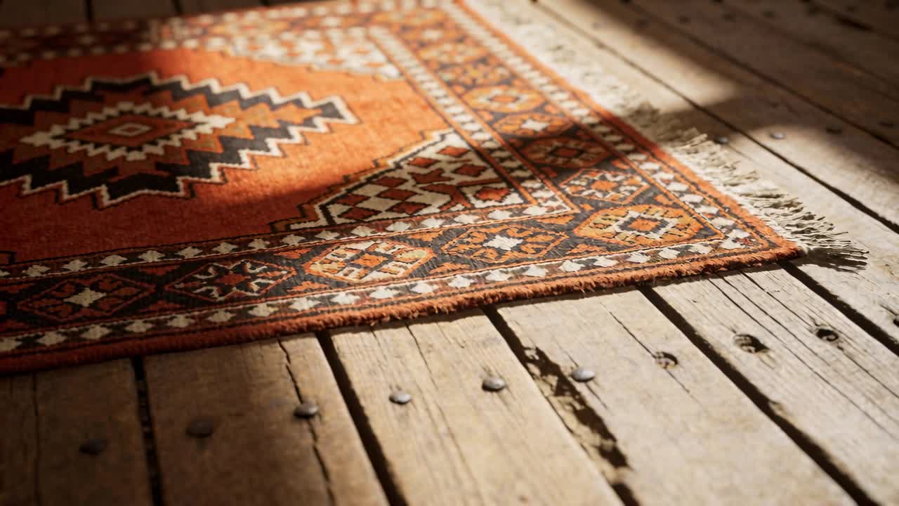 La telecamera si stringe e la luce del sole scivola sul tappeto, rivelando motivi e la texture del legno per il design.