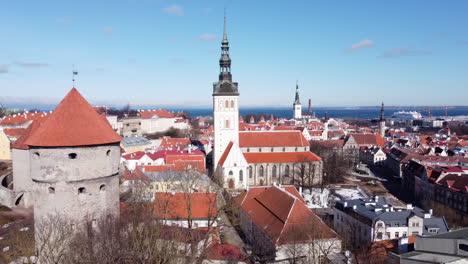 tallinn, estonia cityscape, old town aerial reveal pedestal