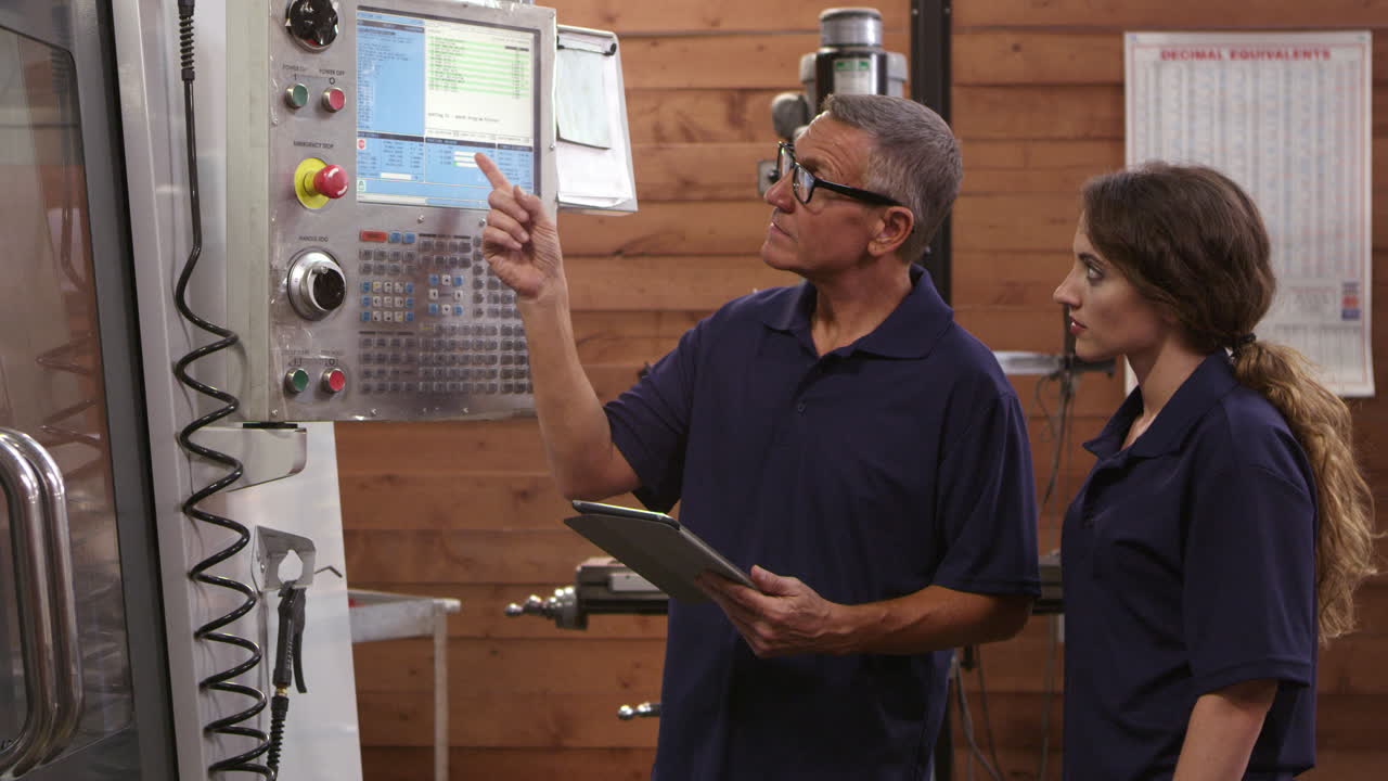 ingeniero entrena a una aprendiz femenina en una máquina cnc filmada en r3d