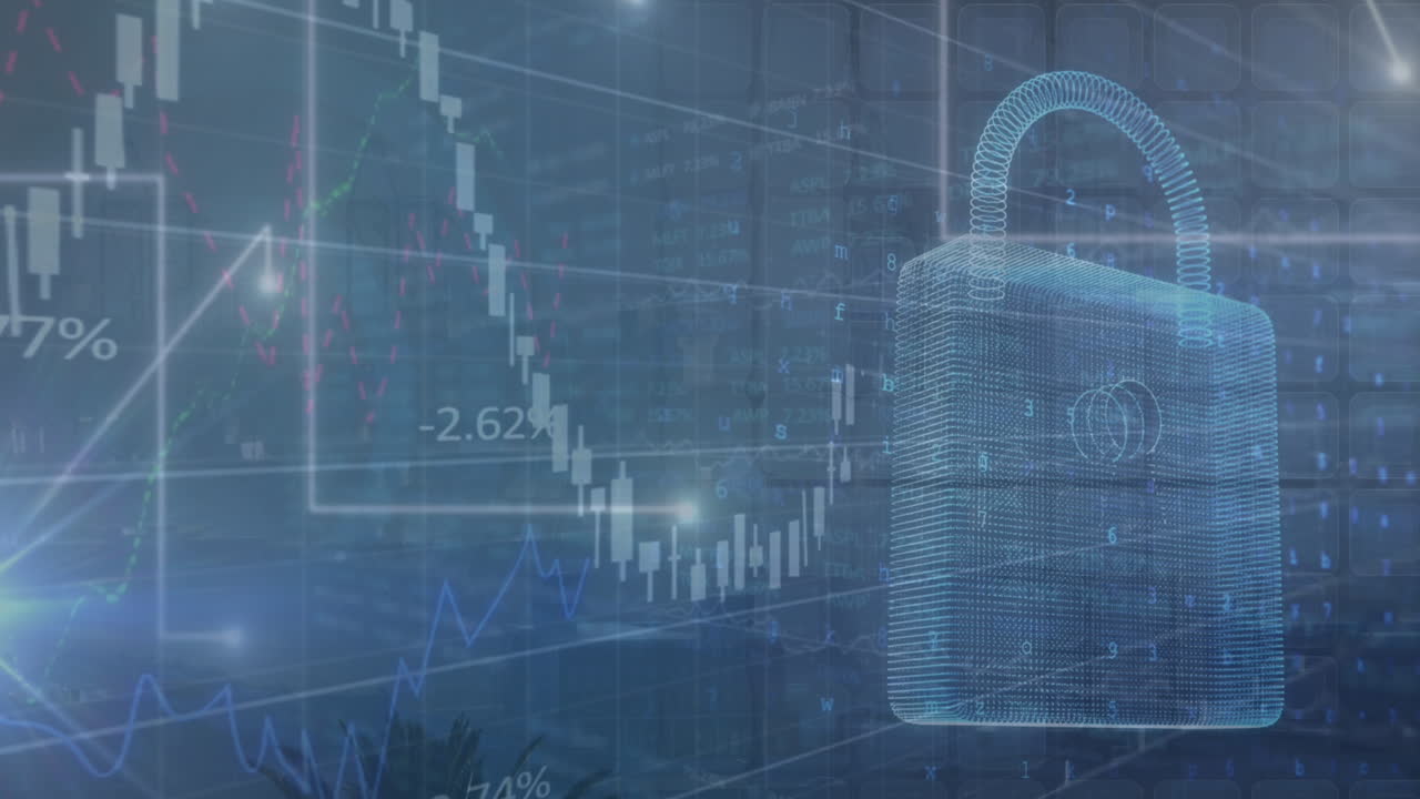 추상적인 배경에 변화하는 숫자를 가진 여러 그래프에 대한 락의 애니메이션