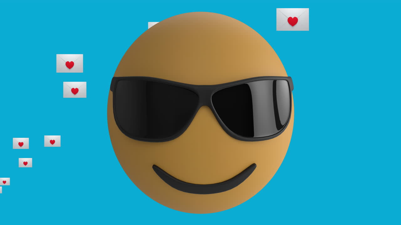 Animation of emoji icon with sunglasses with heart email icons on blue background