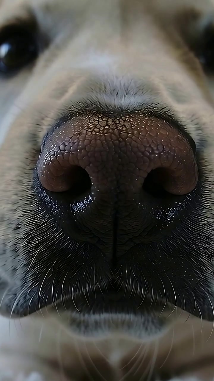 Vertical video: Sniffing light dog reacting to camera move at home, leaning forward with wet nose