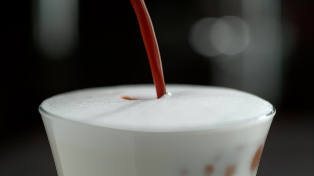 Preparing Latte Macchiato By Pouring Espresso Coffee And Layering It With Milk in Slow Motion