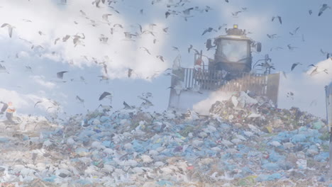 Animation of clouds moving fast over bulldozer in waste disposal site