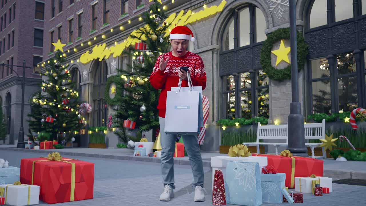 hombre emocionado comprando durante la navidad