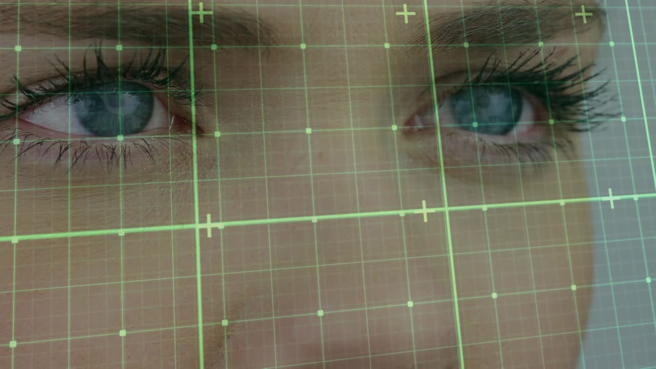 Animation of data processing over face of caucasian woman with open eyes