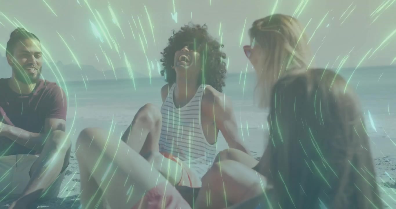 Friends settling into shore circle starting neon-green tech effect pulsing around sparking laughter