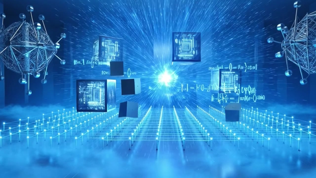 Abstract Digital Technology Background with Floating Data Cubes and Mathematical Formulas