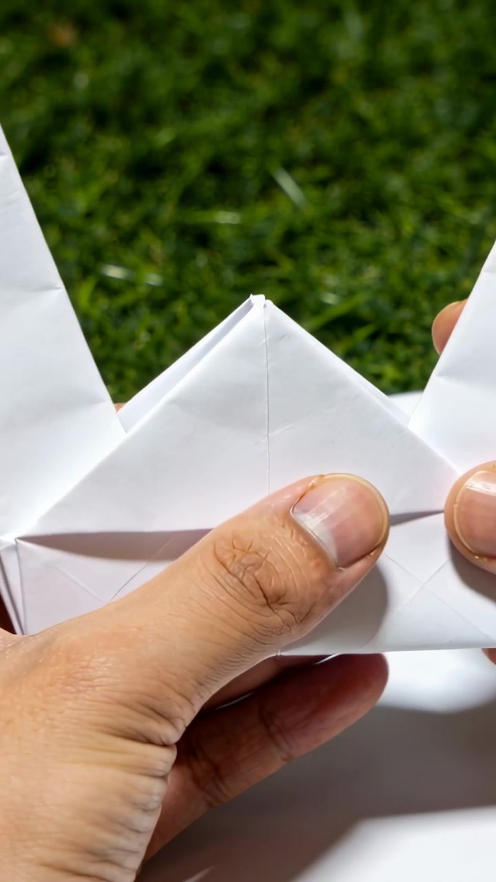 Video verticale: Iniziando con carta piegata, mani che finiscono un origami su un tavolo bianco con erba
