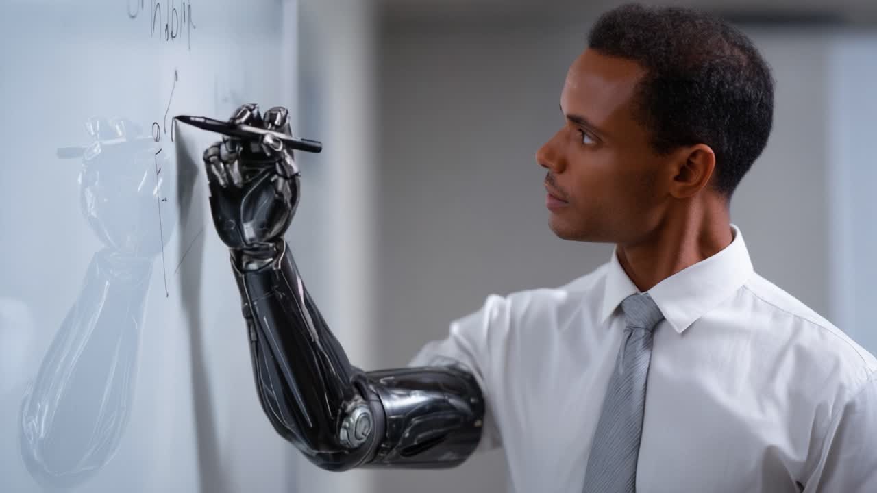 A confident individual with a robotic arm demonstrates advanced writing skills on a whiteboard, showcasing the future of human-technology interaction in education