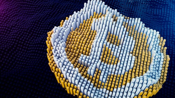Bitcoin symbol being assembled from mined data blocks.