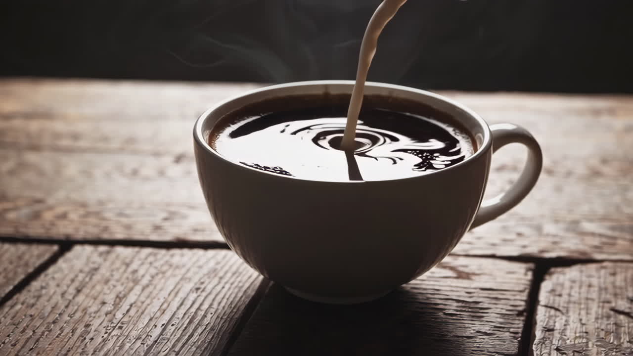 Milk being poured into a cup of hot coffee on a wooden table