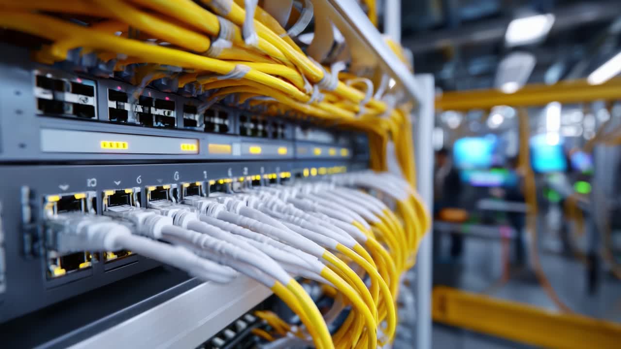 A close-up view of a modern network switch showcasing brightly colored Ethernet cables connected to ports in a high-tech data center environment