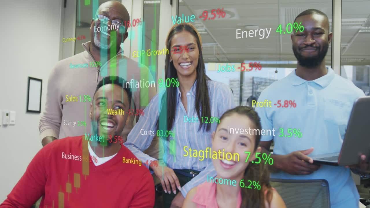 Animation of financial data processing over diverse business people having meeting at office