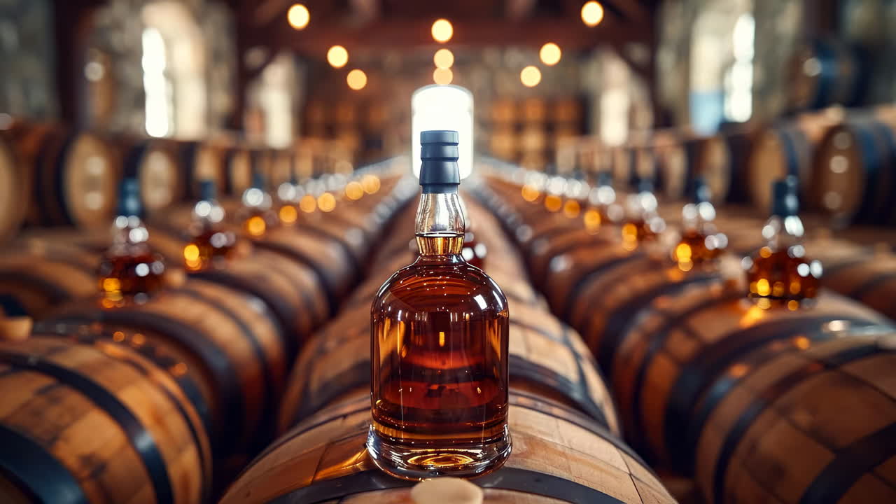 Whiskey bottle in distillery. A whiskey bottle stands prominently on a barrel surrounded by many barrels in a distillery
