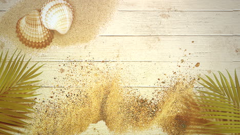 Closeup-sandy-beach-with-seashells-and-sand-with-summer-background