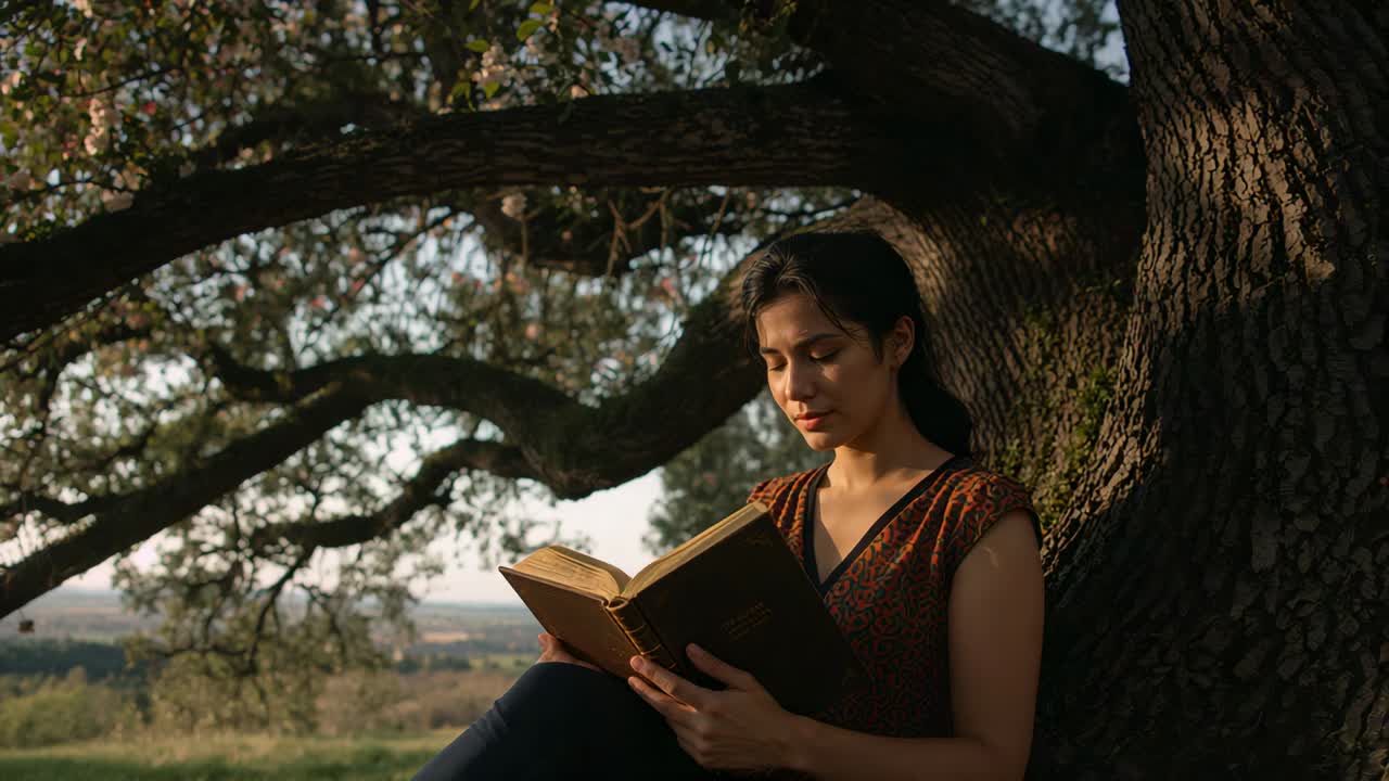 Reading woman settling on trunk in meadow, adjusting hardcover book in sleeveless dress, copy space