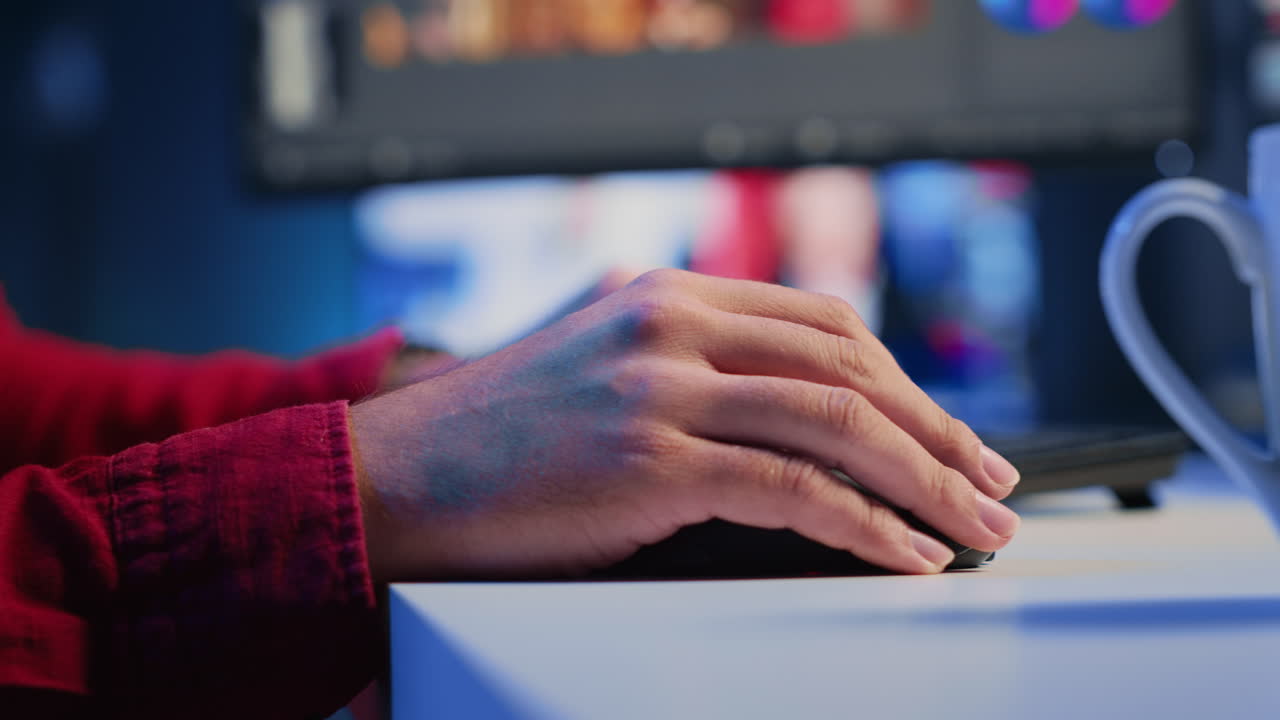 uomo che usa il mouse per modificare filmati di progetti cinematografici in ufficio