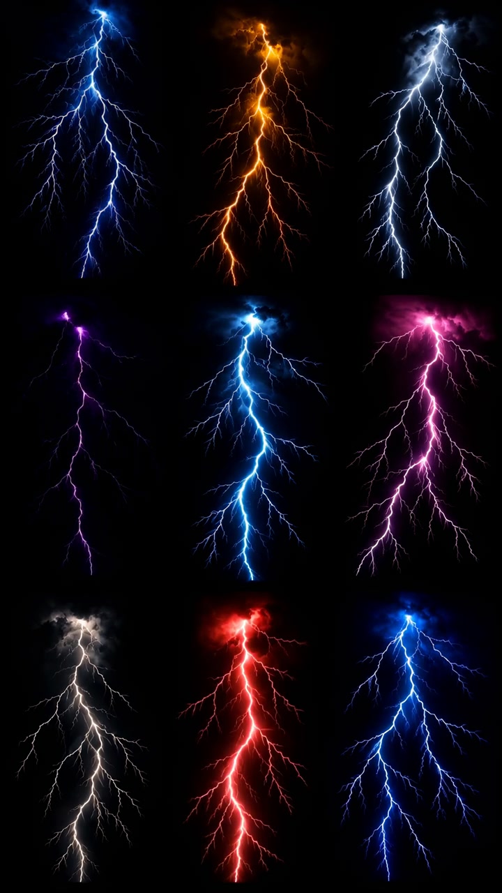 Forme di fulmini verticali colorati disposte a griglia con luce di nuvole luminosa, striature elettriche frastagliate, contrasto neon brillante, sfondo nero intenso, manifestazione drammatica di energia temporalesca