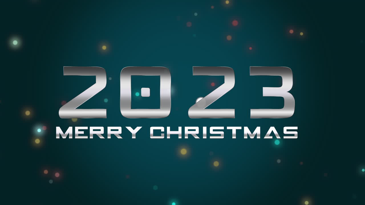 2023 y feliz navidad con confeti de colores voladores y brillos en el cielo azul