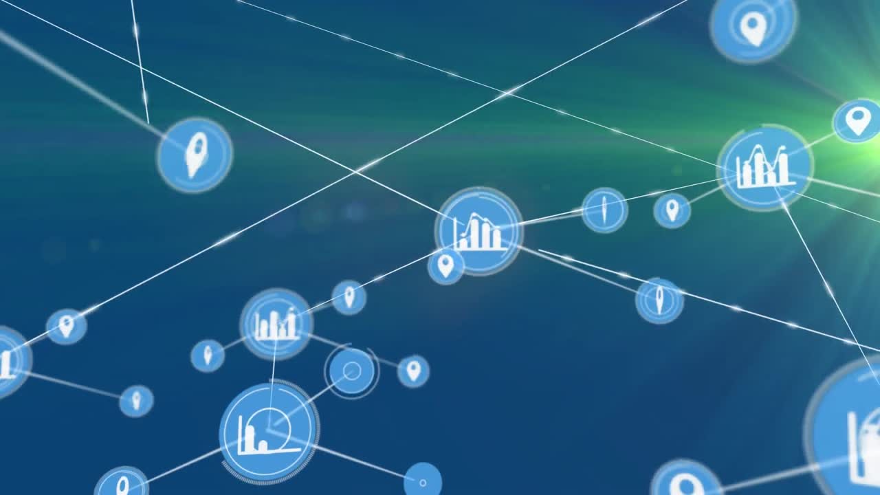 그래프의 애니메이션과 파란색 배경에 렌즈 플레어 위에 연결된 아이콘을 정확하게 표시합니다.
