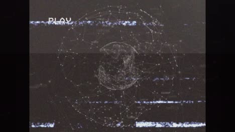 VHS-Glitch-Effekt-über-Der-Welt-Des-Netzwerks-Von-Verbindungen-Vor-Grauem-Hintergrund