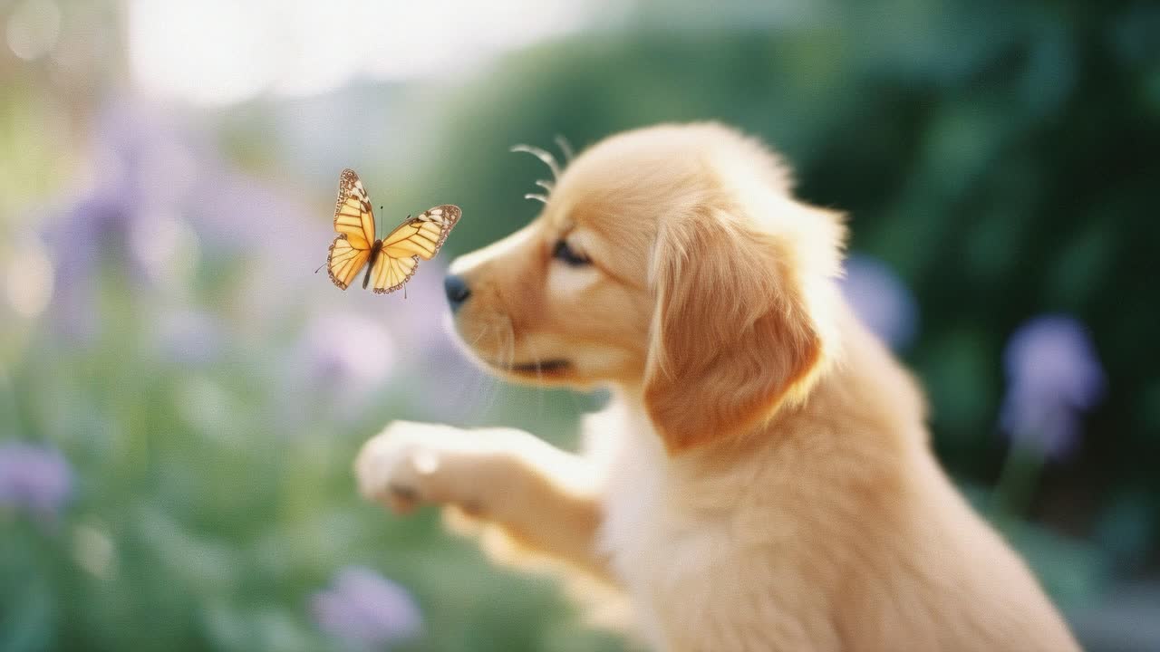 Video of a playful puppy interacting with a butterfly, capturing a moment of curiosity
