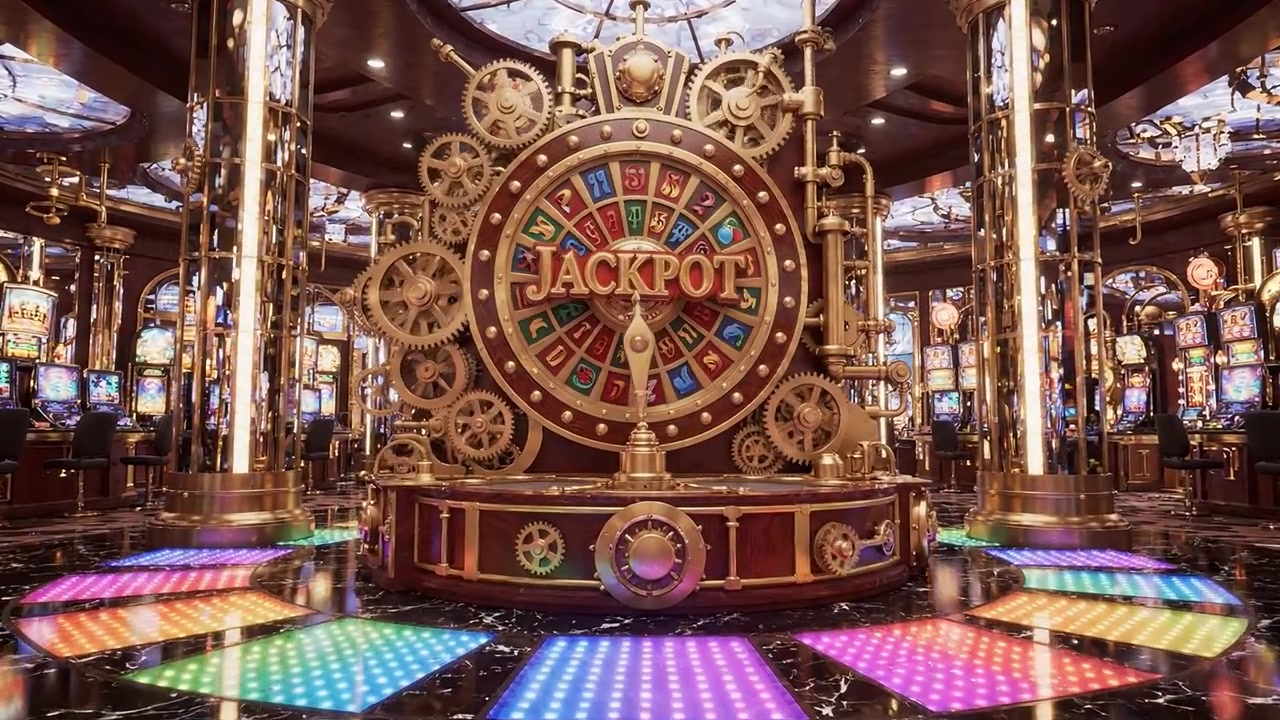 Scena di Casinò Steampunk Intricata con una Maestosa Ruota della Roulette Circondata da Slot Machine Colorate e Pavimenti Illuminati in un'Atmosfera di Lusso.