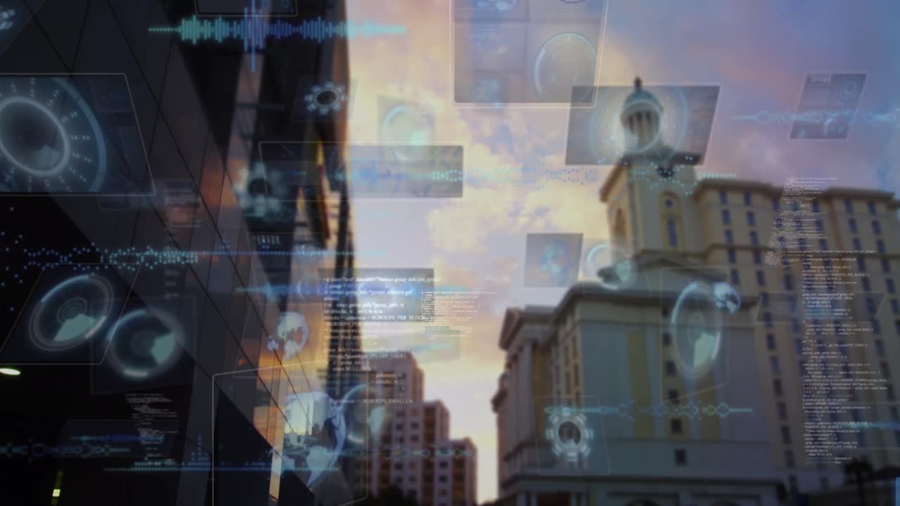 도시 풍경 위의 금융 데이터 처리 애니메이션