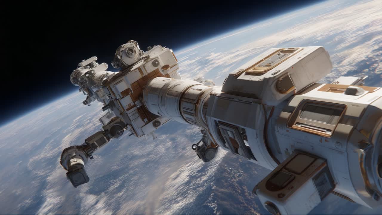 An Impressive Orbital Spacecraft in Low Earth Orbit Captured from Different Angles Showcasing Advanced Technology and Earth’s Atmosphere Below