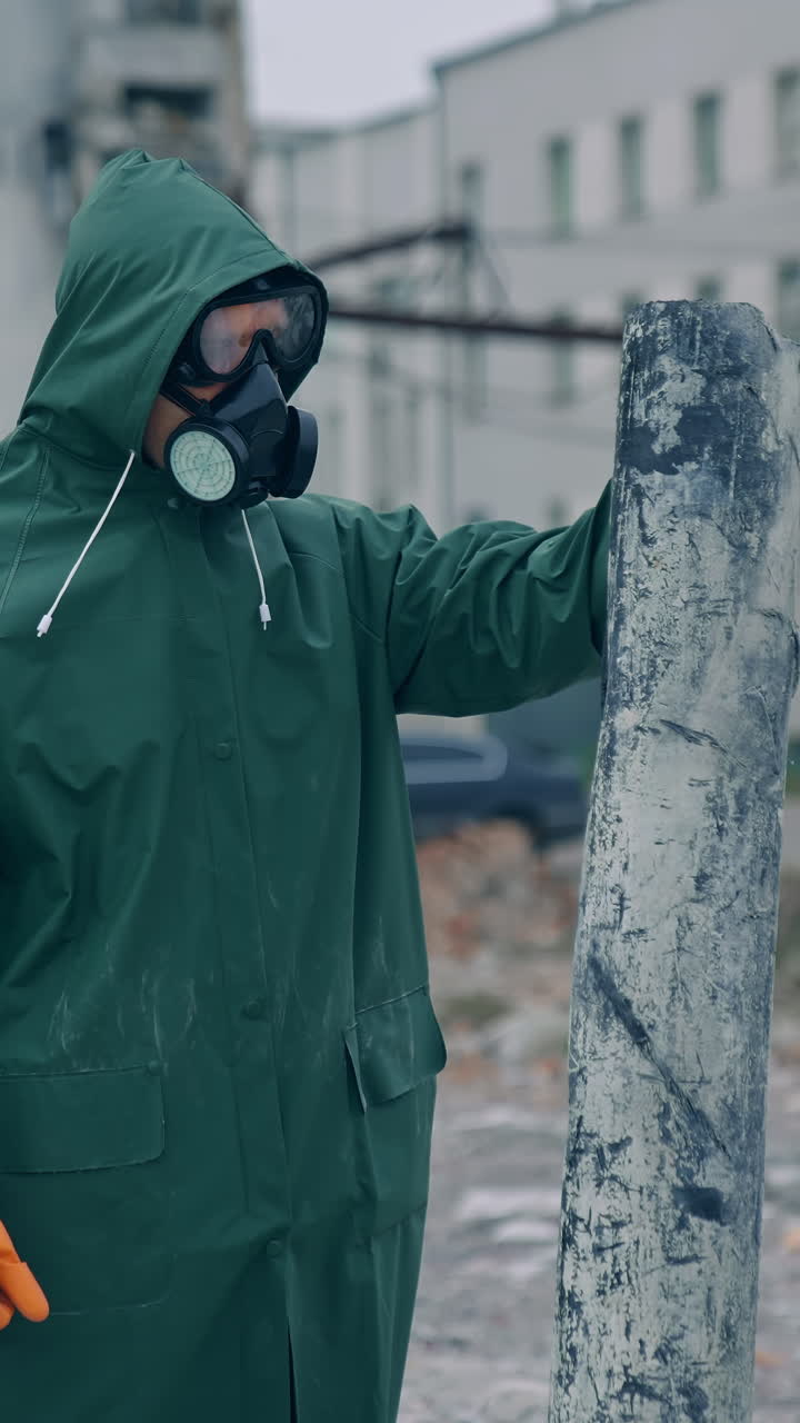 Man in protective chemical clothing. Man in chemical protection in post apocalyptic world