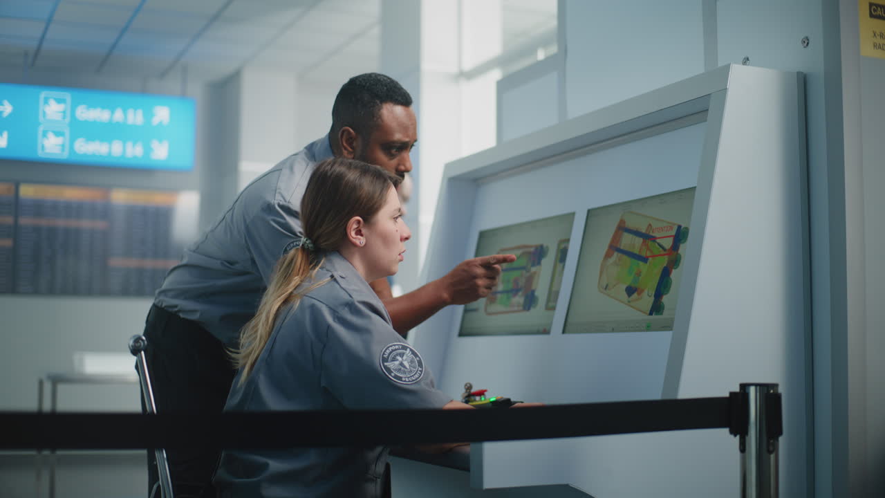 공항 보안 직원 들 이 수하물 을 검사 하고 있다