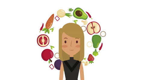 woman with healthy food around