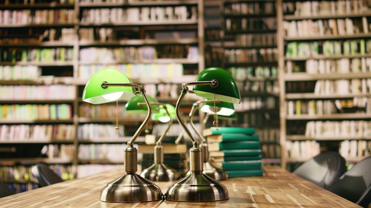 Empty university library with a stack of books and green lamp at desk