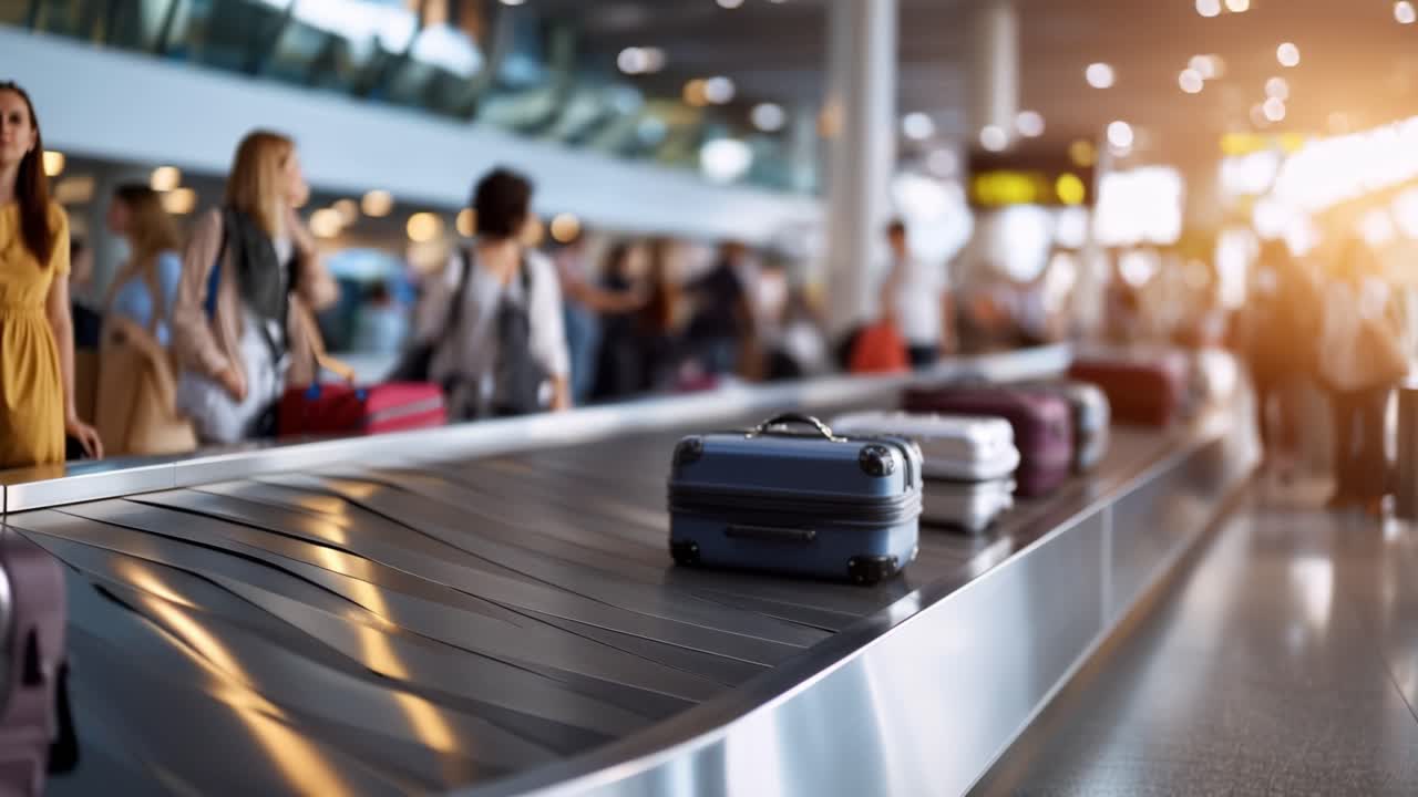 Area Ritiro Bagagli in Aeroporto: Passeggeri che Aspettano i Loro Bagagli sul Nastro Trasportatore con Varie Valigie Colorate in una Vivace Scena del Terminal.
