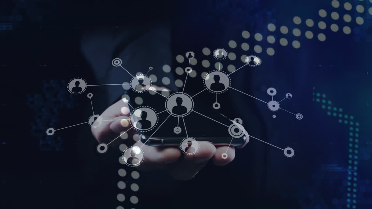 Network of connections and data processing animation over person holding smartphone