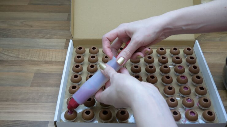Female confectioner makes delicious homemade chocolate pralines with raspberry filling inside
