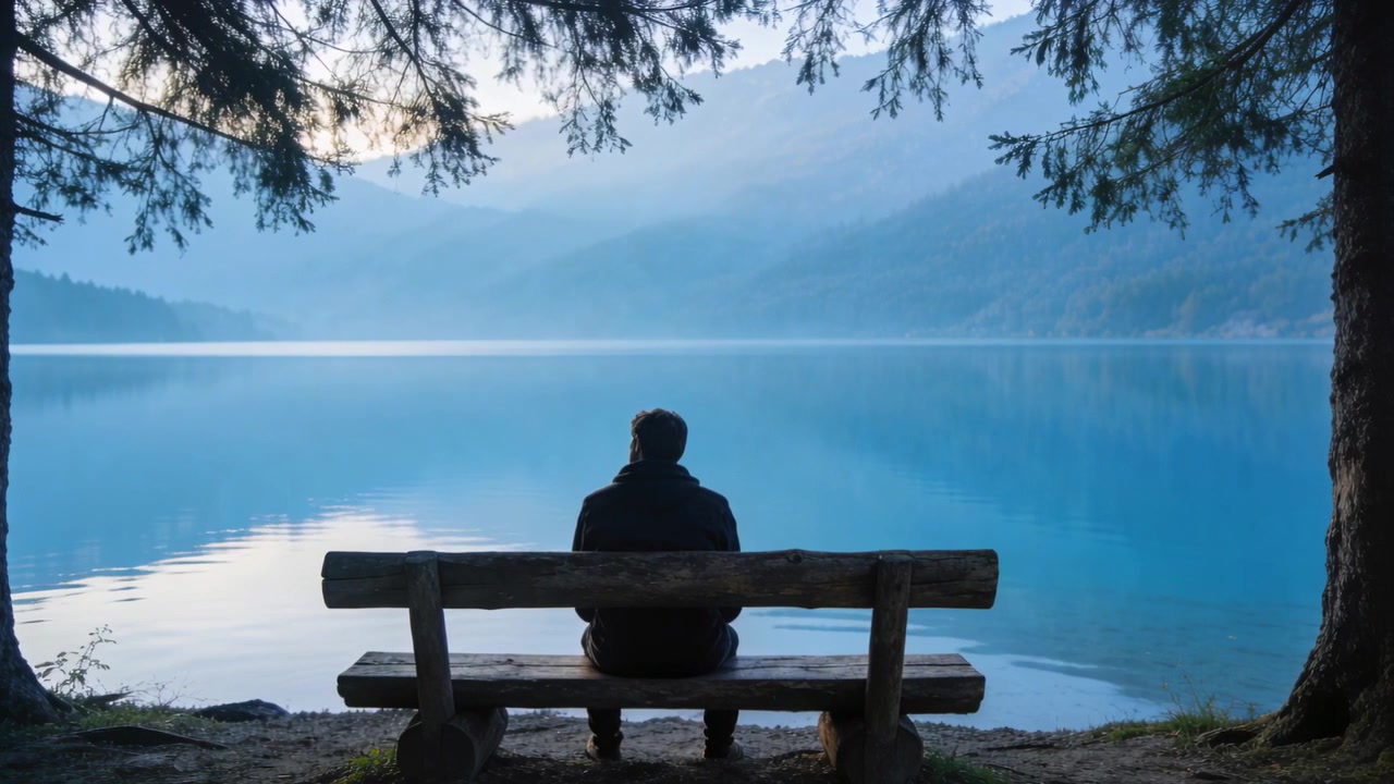 Walking in, sitting on log bench, man wearing dark jacket gazing across lake reflecting amid pines