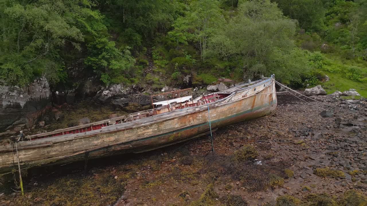Wrecked Boat on Rocky Shore