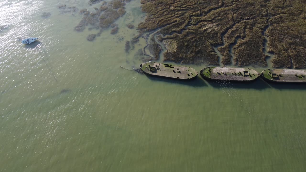 화창한 오후에 메드웨이 강에 있는 일부 바지선 위에 새들이 몰려듭니다.