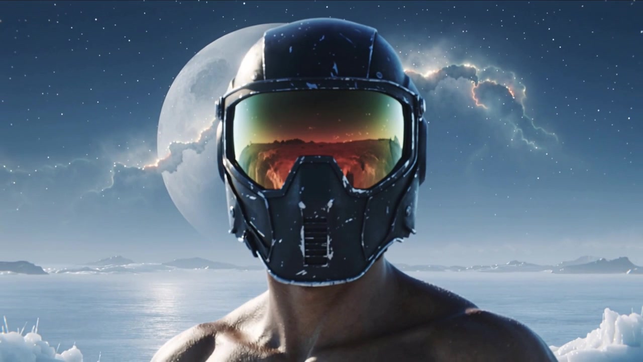 Showing frames of helmeted man turning front in moonlit sea, bare torso, visor reflecting terrain