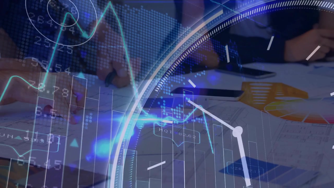 When clock rotating and graph emerging, team tapping tablet annotating data for business review