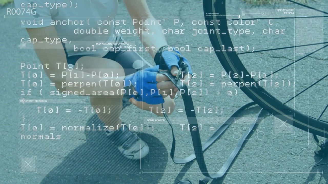 Animation of data processing over woman fixing bike