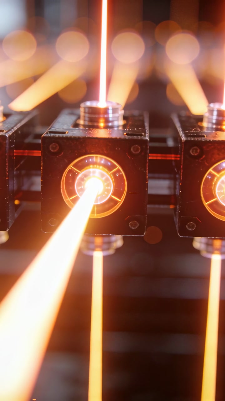 Vertical video: Camera pushing in, central emitter glowing in lab for testing, angled beam growing