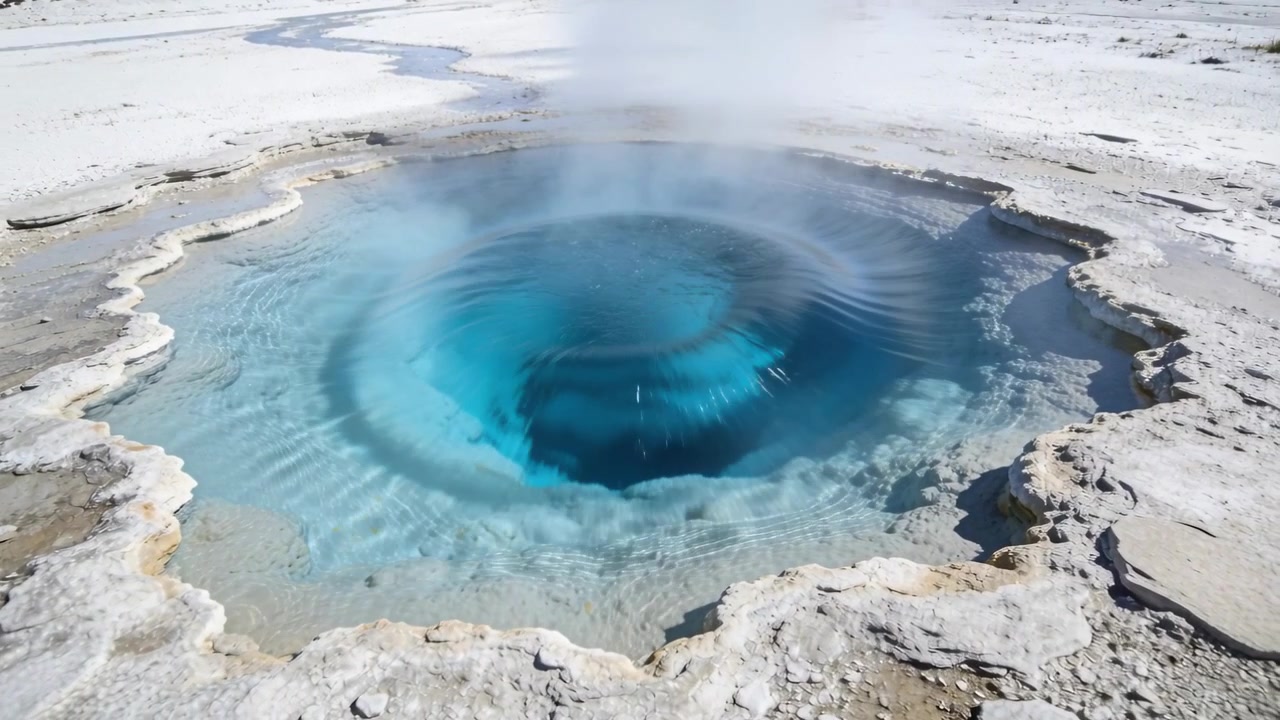 Isının etkisiyle mineral havzasında merkezi bir girdap oluşturan dairesel sıcak havuzdan buhar yükseliyor.