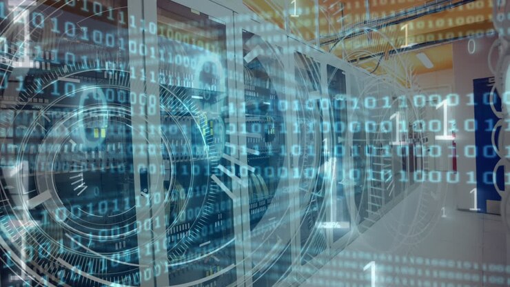 Server room with binary code