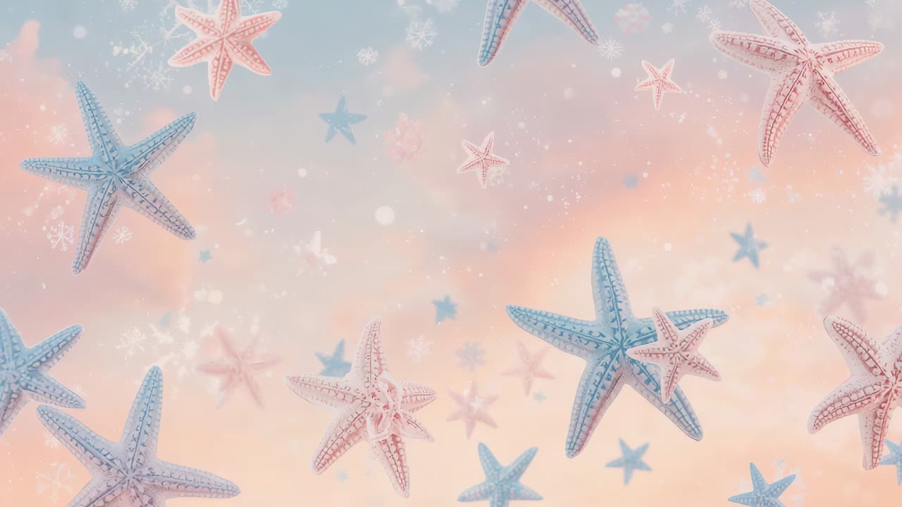Loop starting, pastel star-shaped sea stars drifting over peach-blue gradient, creating calm motion