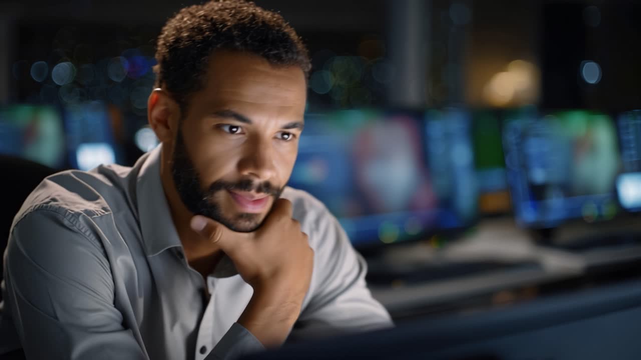 Focused Analyst Deep in Thought at His Desk Surrounded by Multiple Monitors Displaying Data Analytics and Graphs, Highlighting the Importance of Concentration