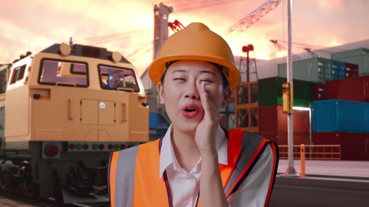 Close Up Of Asian Female Engineer With Safety Helmet Yelling With Hand Over Mouth With Freight Cargo Train At Port